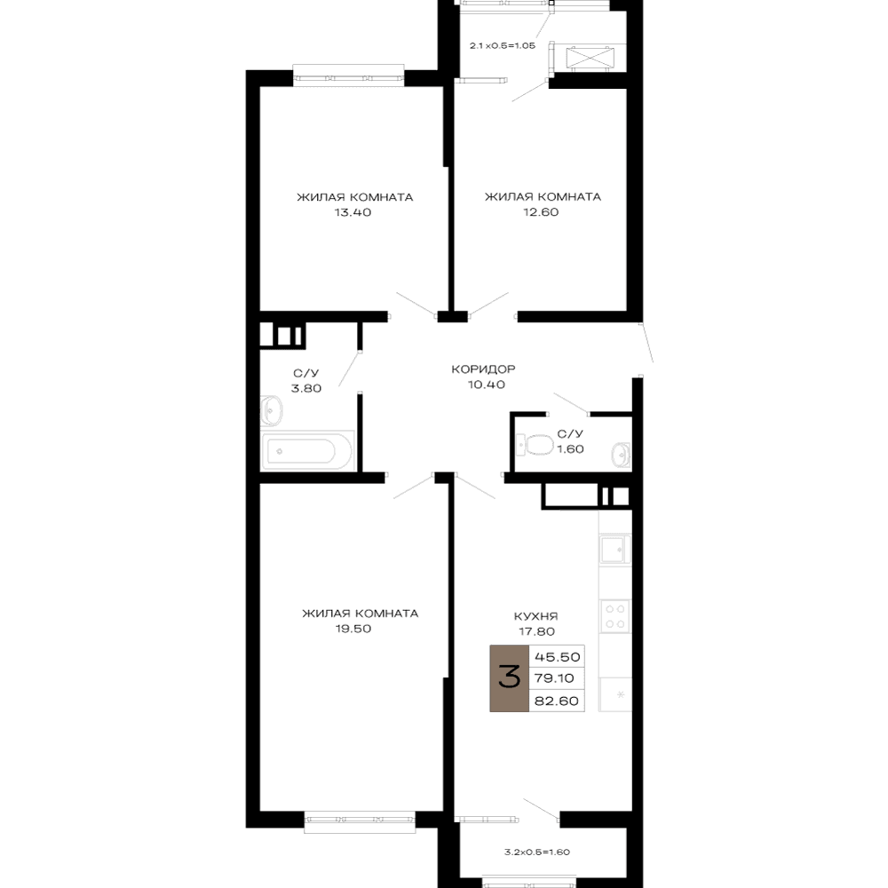 3-к, 82.6 м² · Сердце