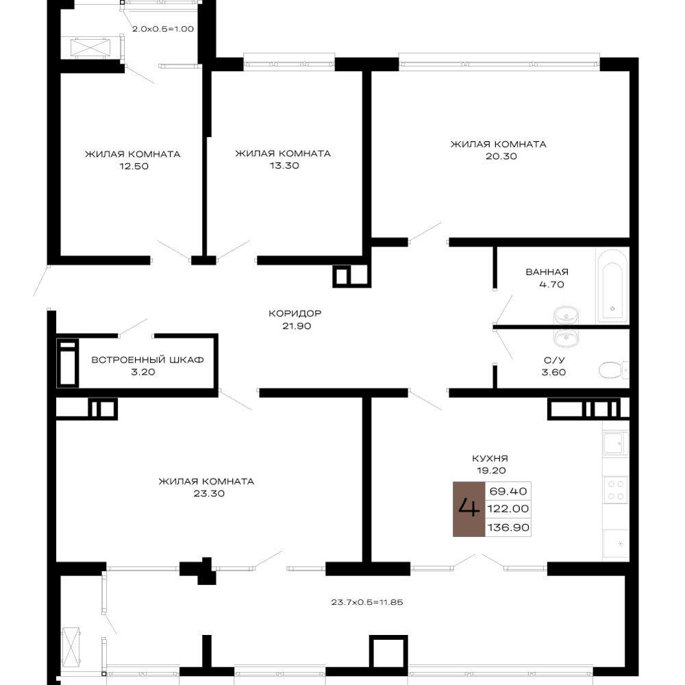 4-к, 136.9 м² · Сердце
