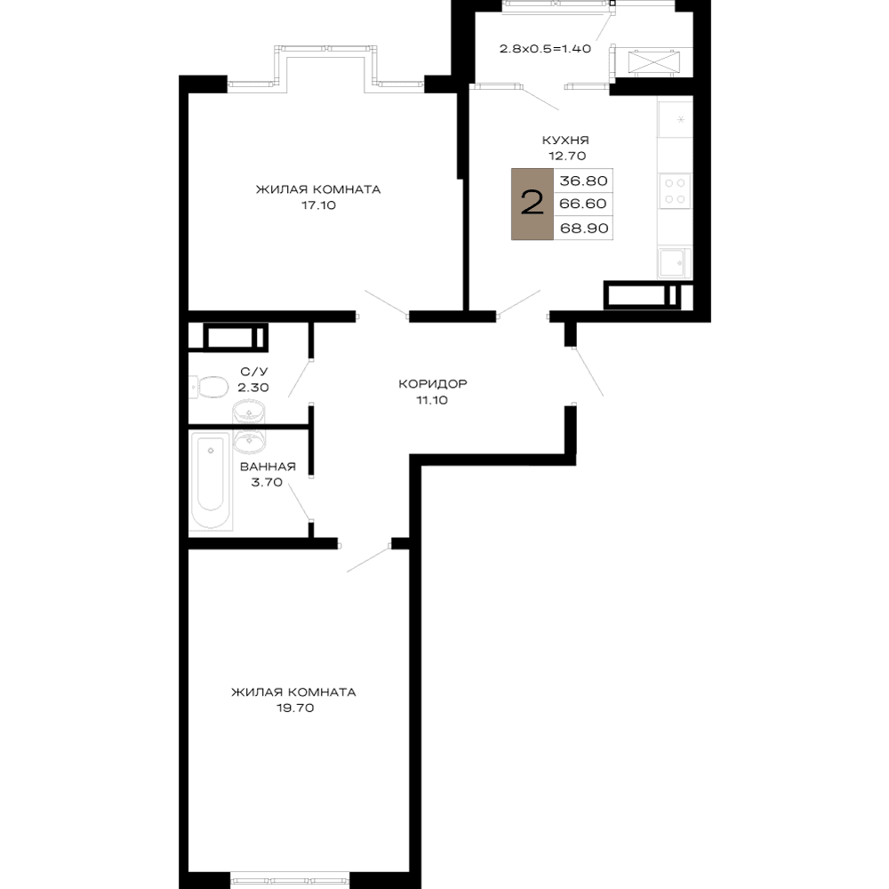 2-к, 68.9 м² · Сердце