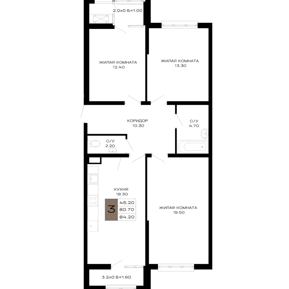 3-к, 84.2 м² · Сердце