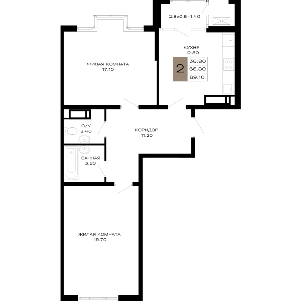 2-к, 69.1 м² · Сердце
