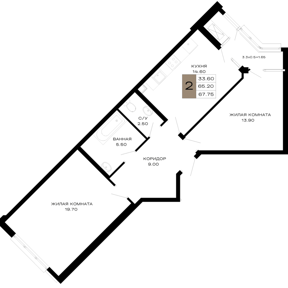 2-к, 67.75 м² · Сердце