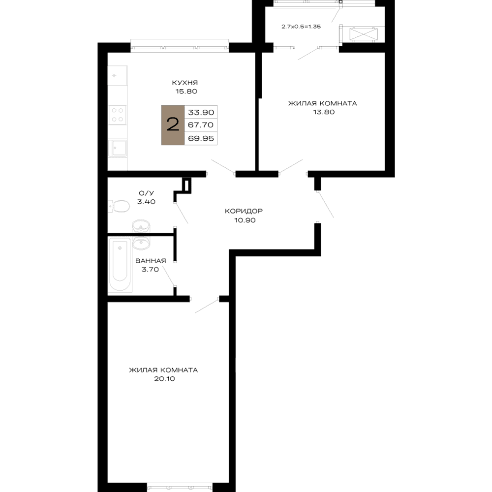 2-к, 69.95 м² · Сердце
