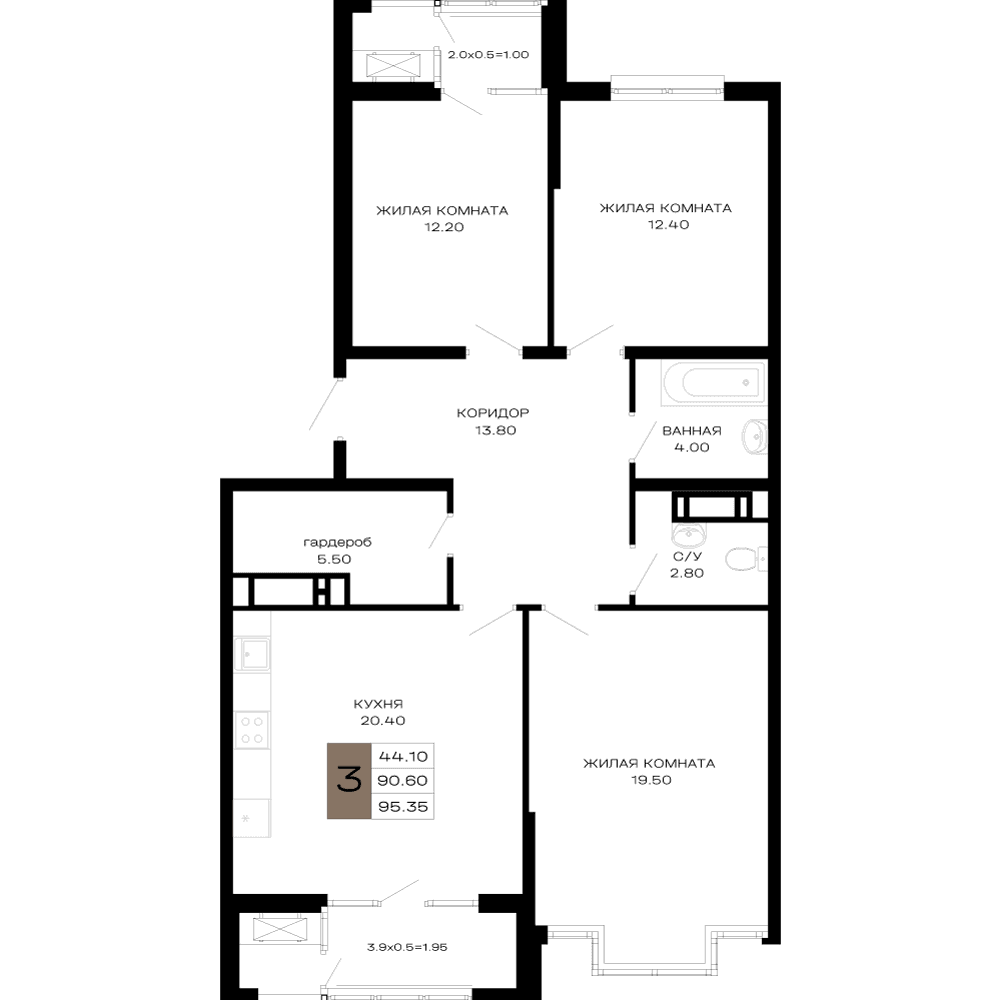 3-к, 95.35 м² · Сердце