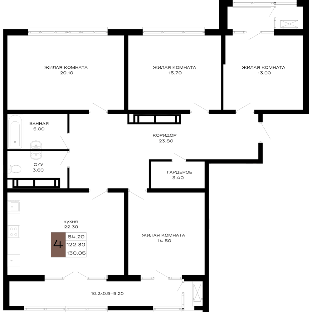 4-к, 130.05 м² · Сердце