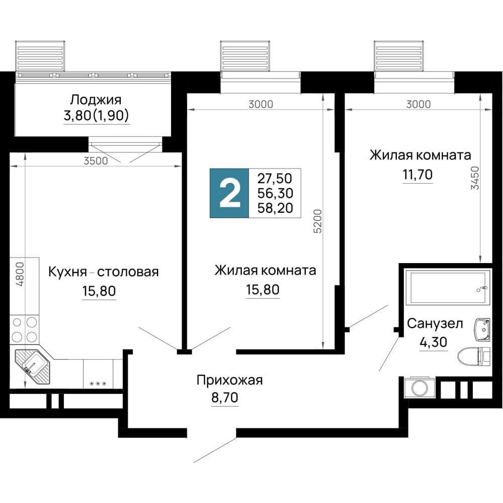 2-к, 58.2 м² · Традиции