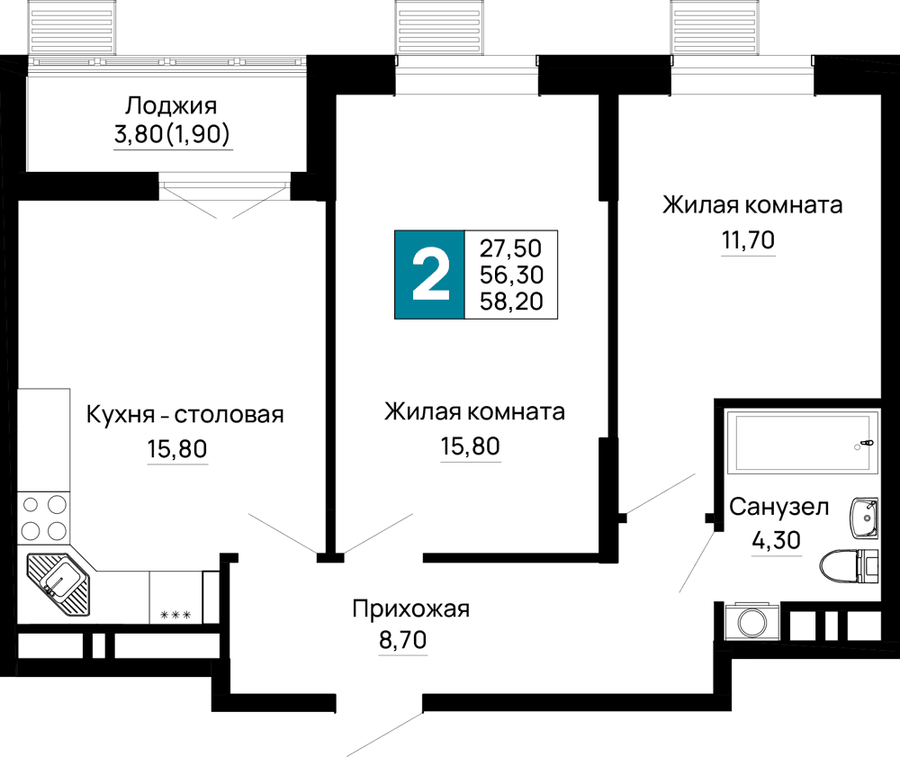 2-к, 58.2 м² · Традиции