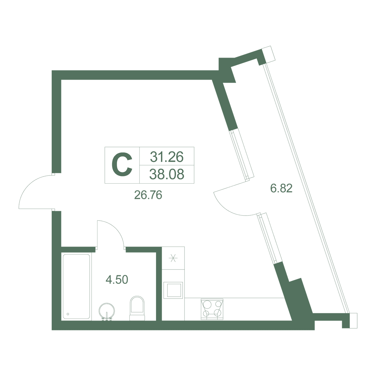 Студия, 38.9 м² · Резиденция Дарсан