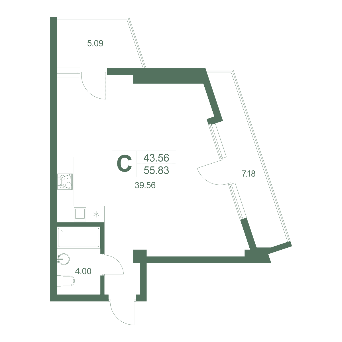 Студия, 54.9 м² · Резиденция Дарсан