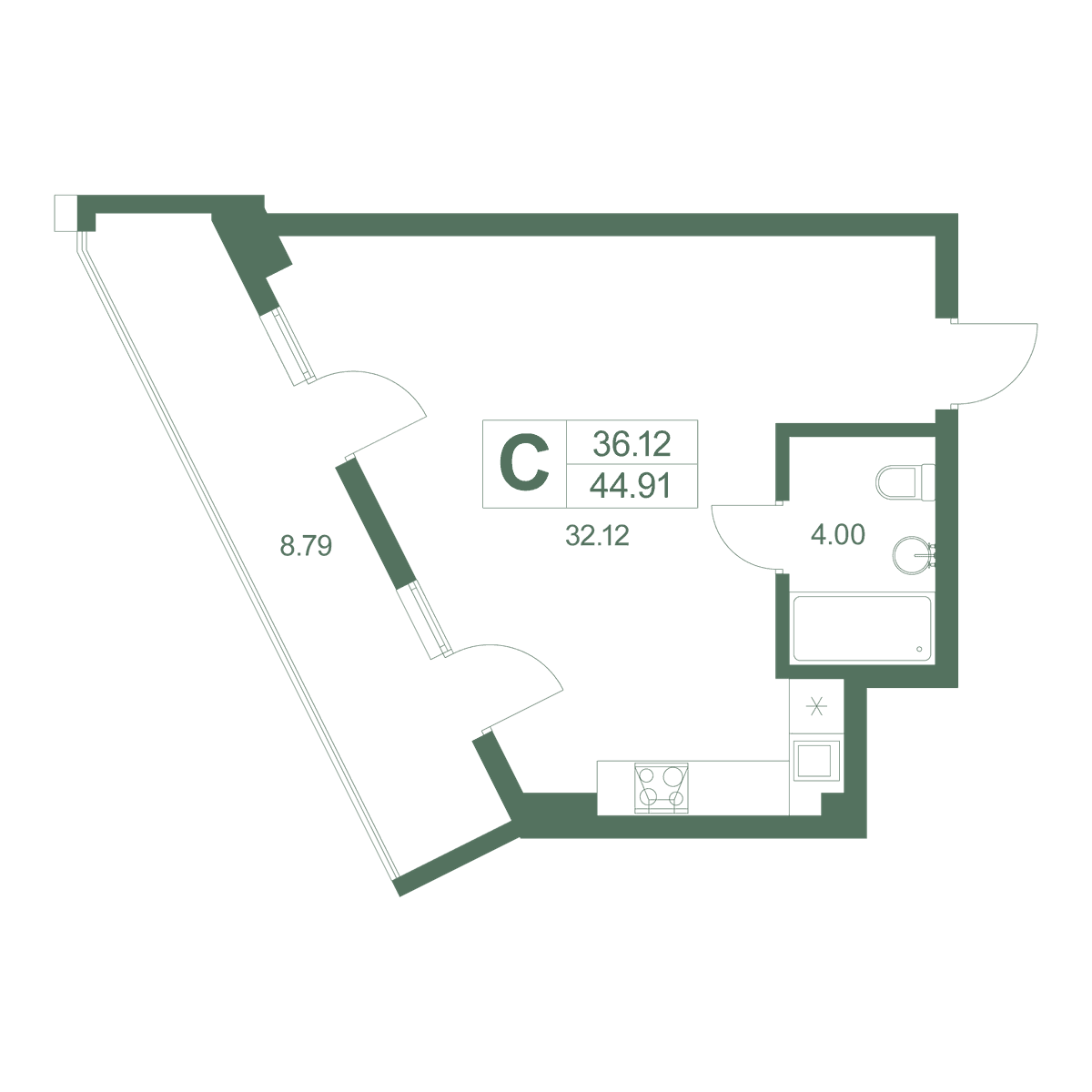 Студия, 44.8 м² · Резиденция Дарсан