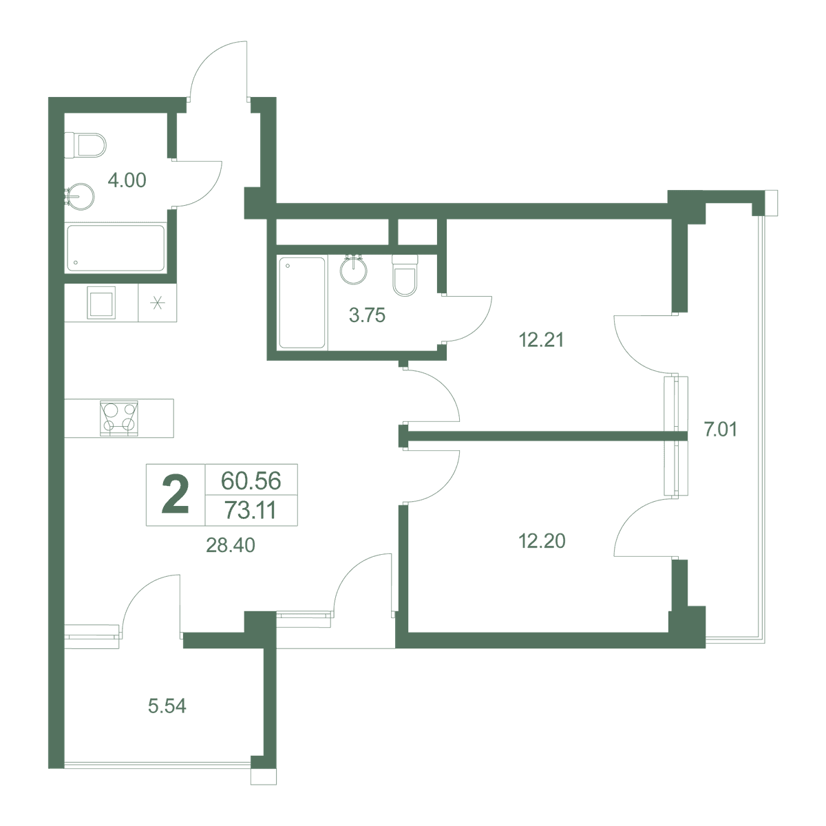 2-к, 73.7 м² · Резиденция Дарсан