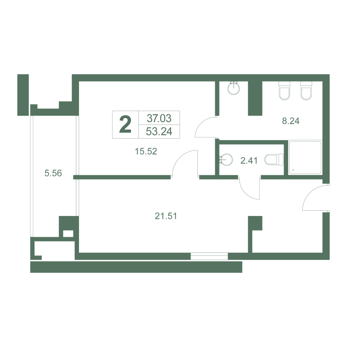 2-к, 53.24 м² · Резиденция Дарсан