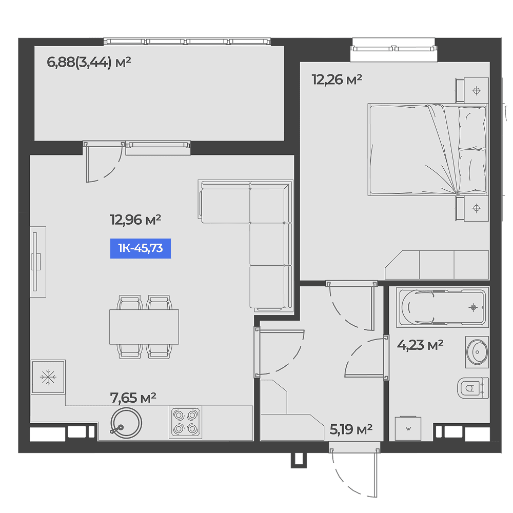 1-к, 45.73 м² · Соловей