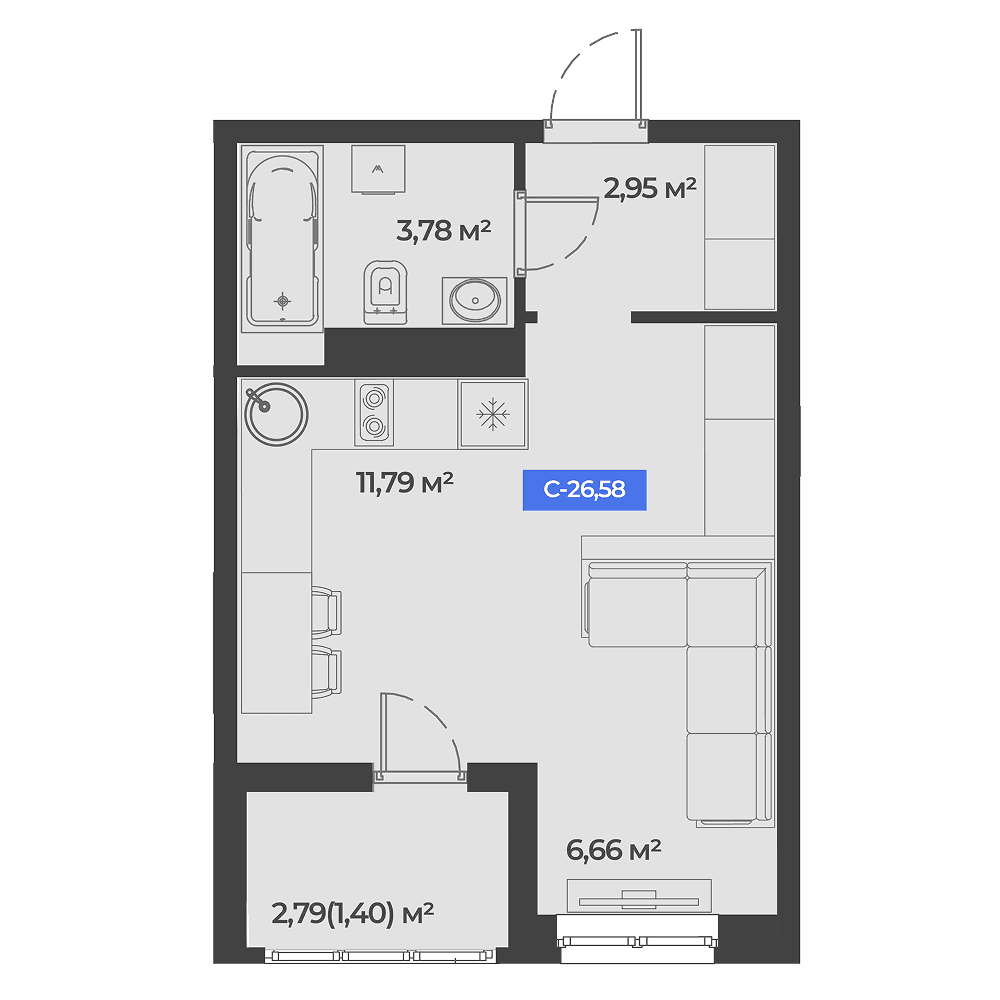Студия, 26.58 м² · Соловей