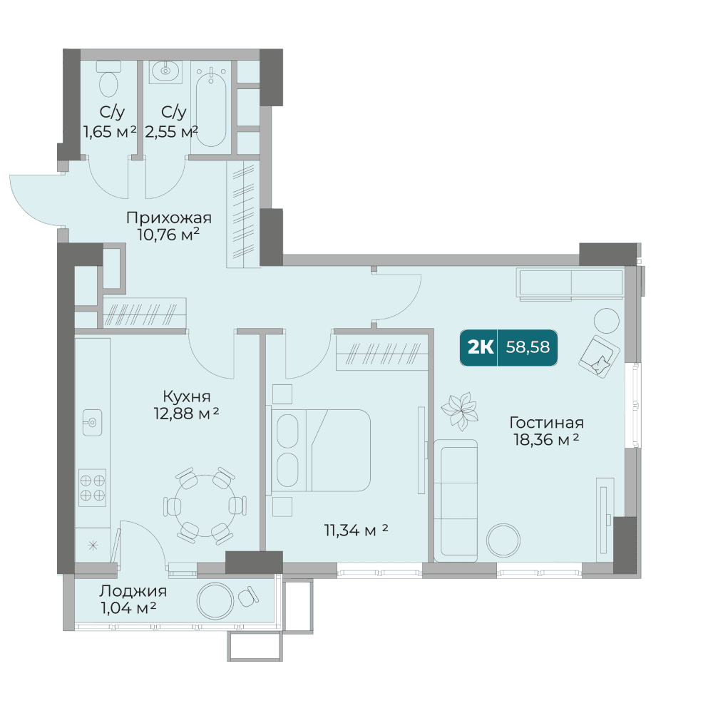 2-к, 58.55 м² · Золотой берег
