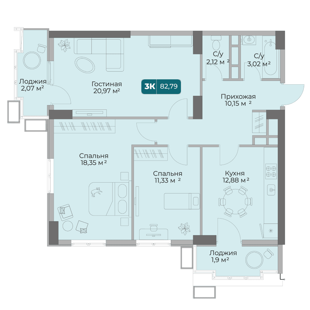 3-к, 82.79 м² · Золотой берег