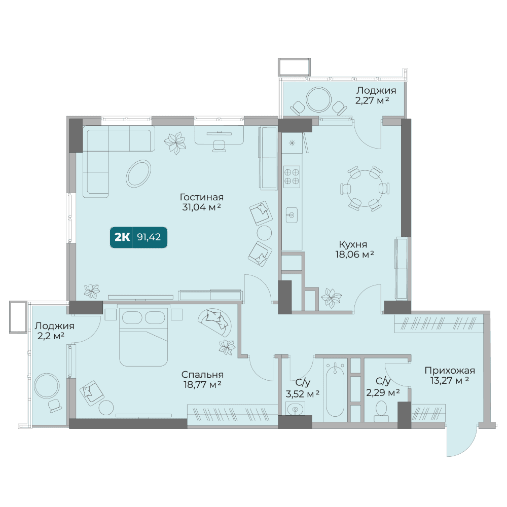 2-к, 91.42 м² · Золотой берег