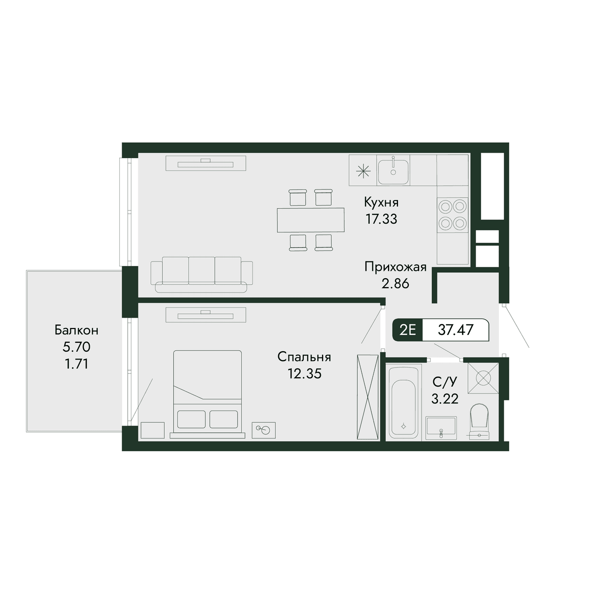 2-к, 37.47 м² · Парковая Резиденция