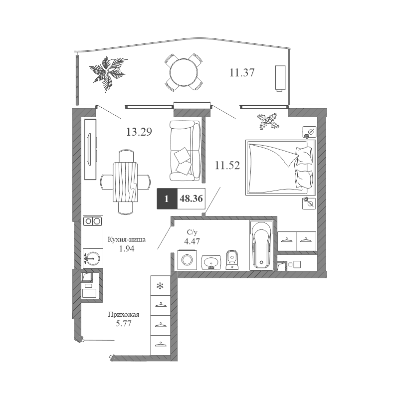 2-к, 48.36 м² · Крымская Резиденция
