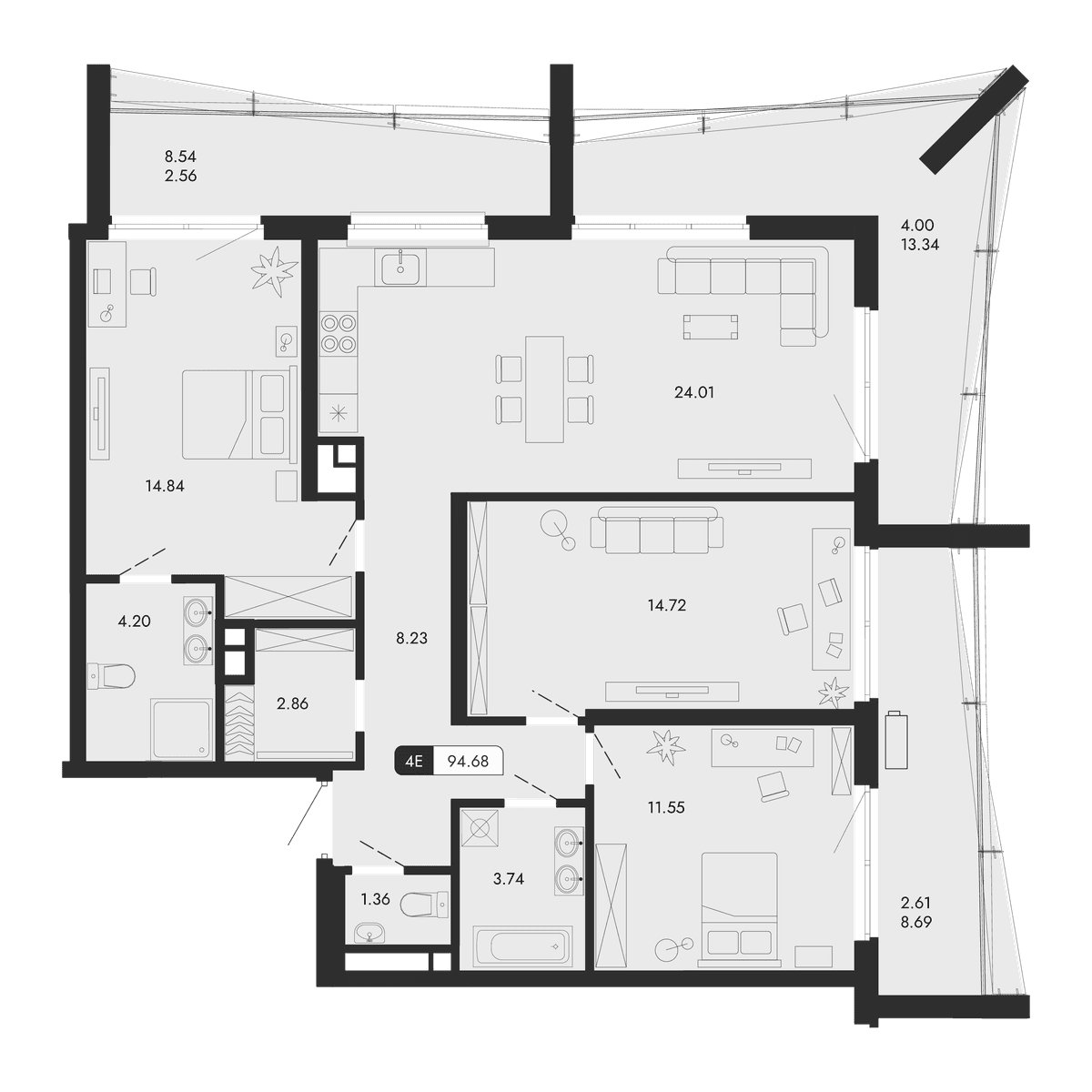 4-к, 94.68 м² · Парковая Резиденция