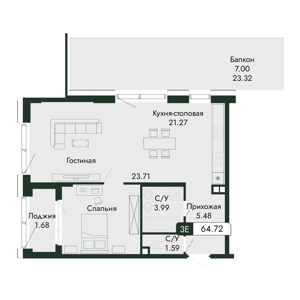 2-к, 64.72 м² · Парковая Резиденция