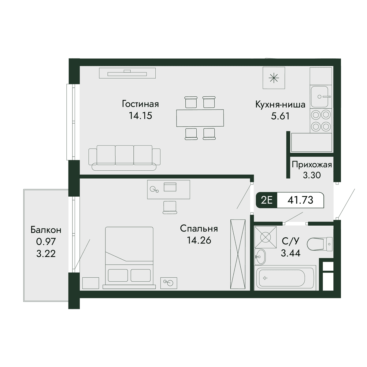 2-к, 41.73 м² · Парковая Резиденция