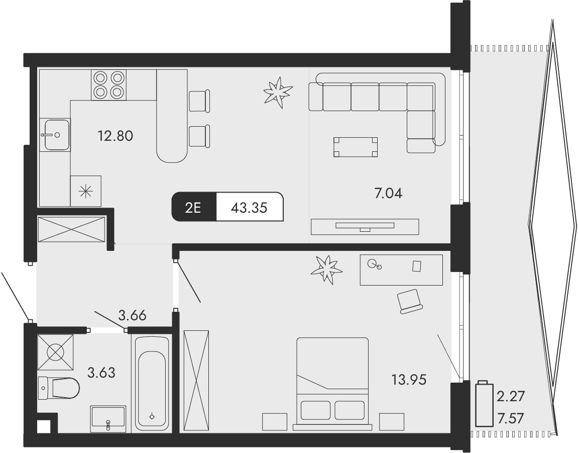 2-к, 43.35 м² · Парковая Резиденция