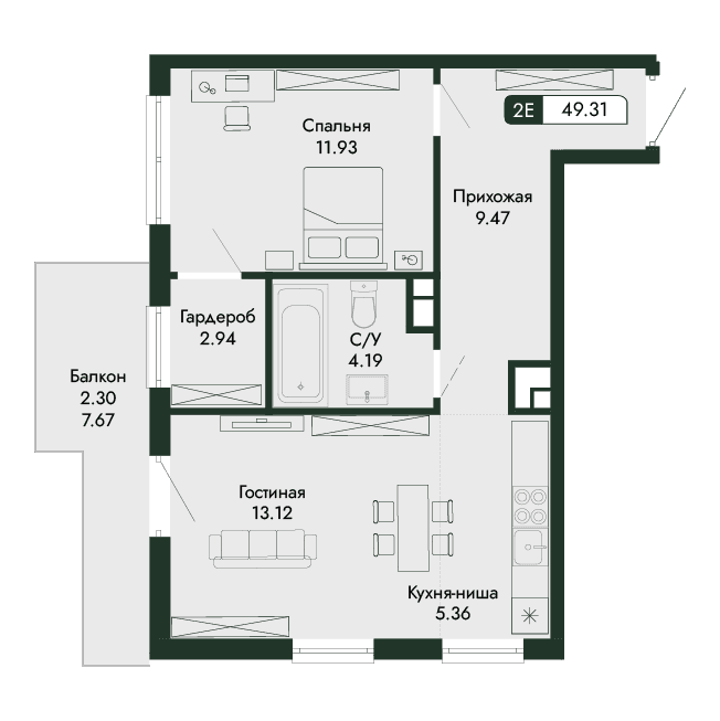 2-к, 49.31 м² · Парковая Резиденция