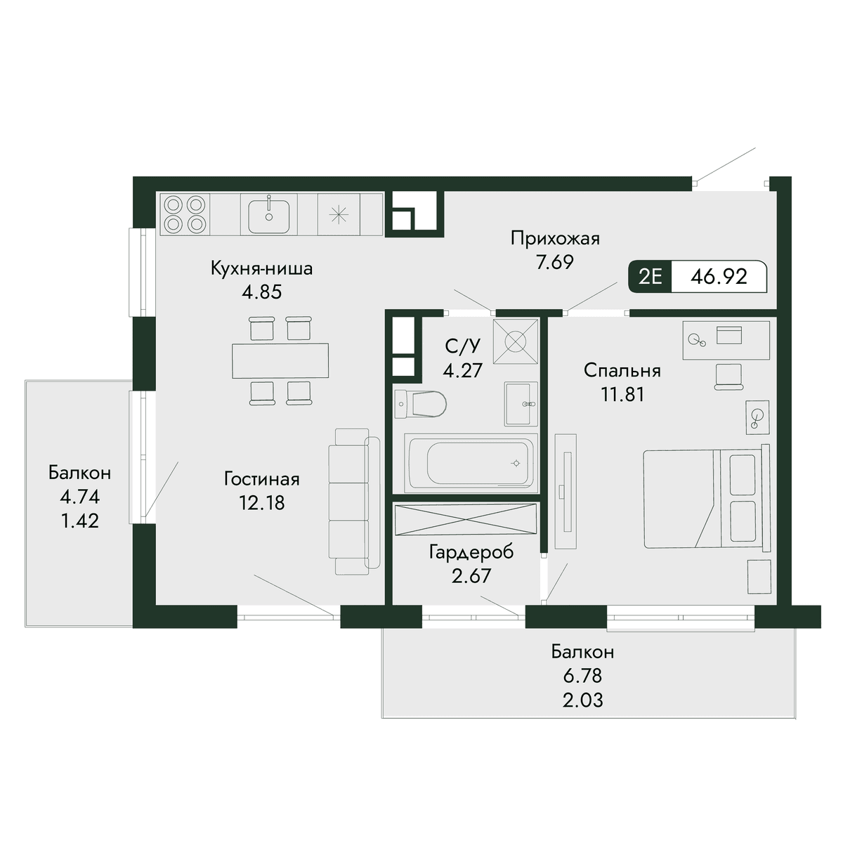 2-к, 46.92 м² · Парковая Резиденция