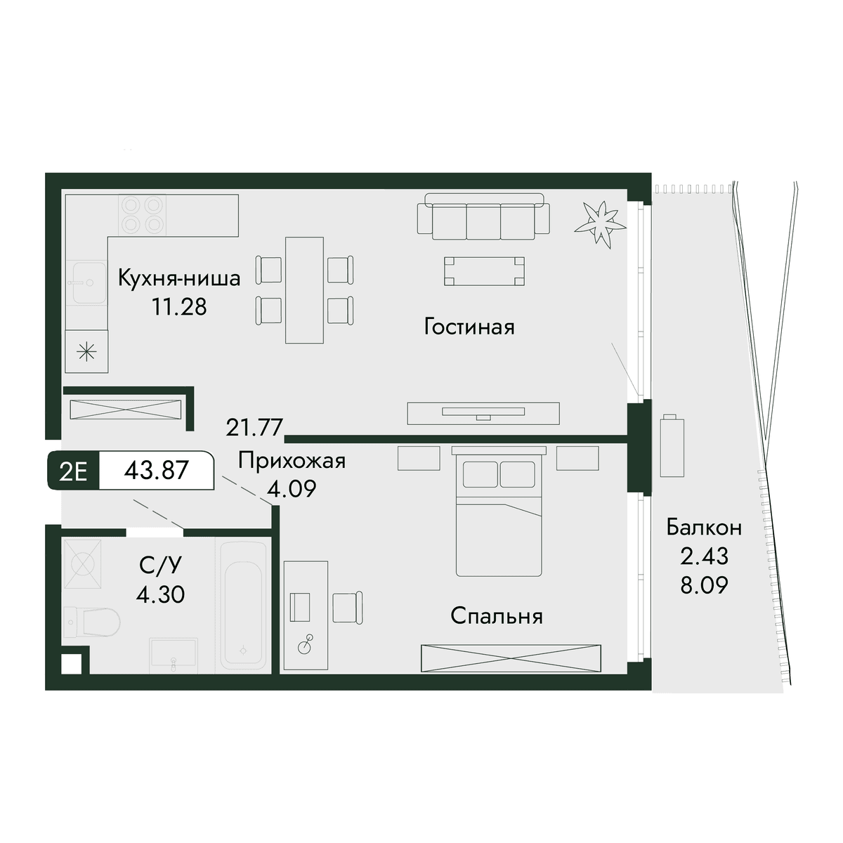 2-к, 43.87 м² · Парковая Резиденция