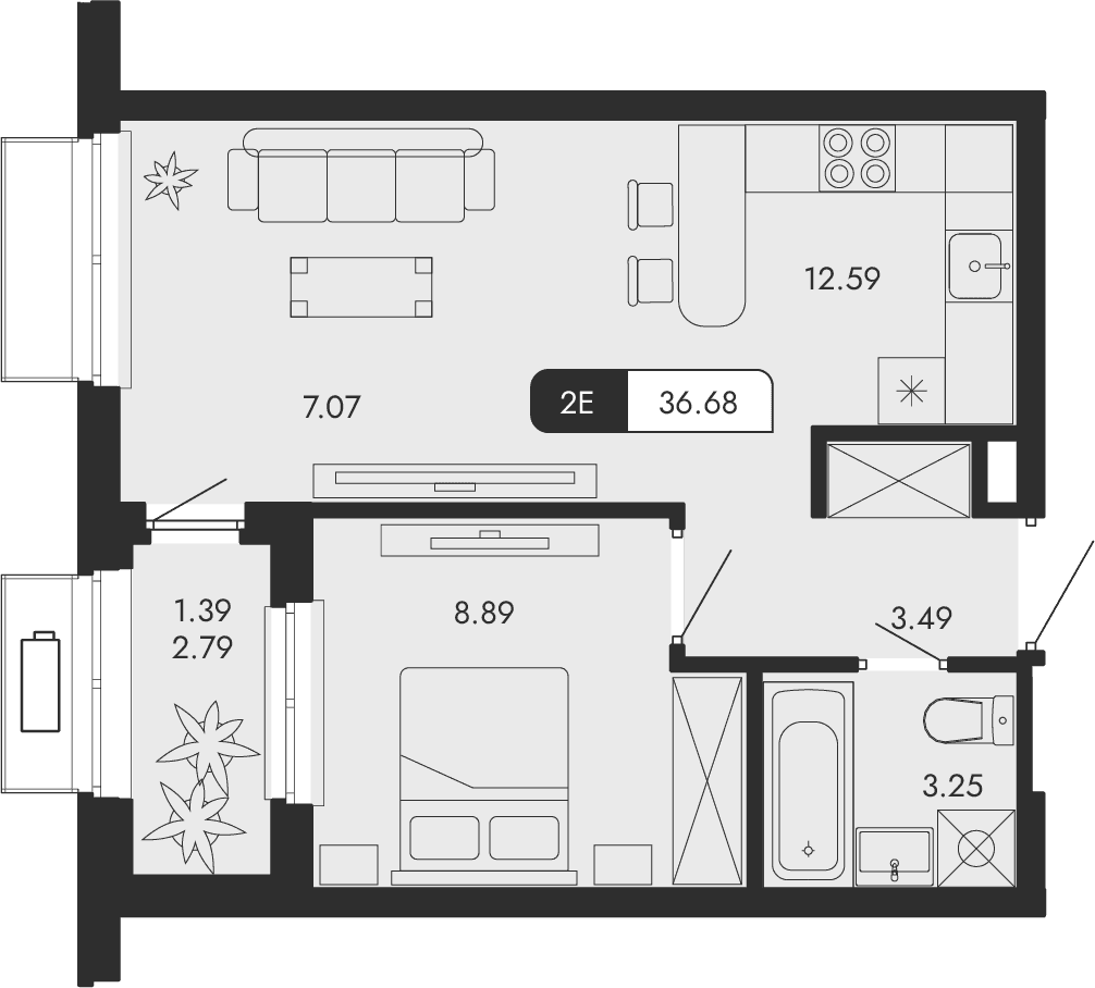 2-к, 36.68 м² · Парковая Резиденция