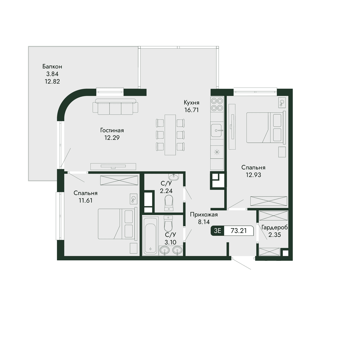 3-к, 73.21 м² · Парковая Резиденция