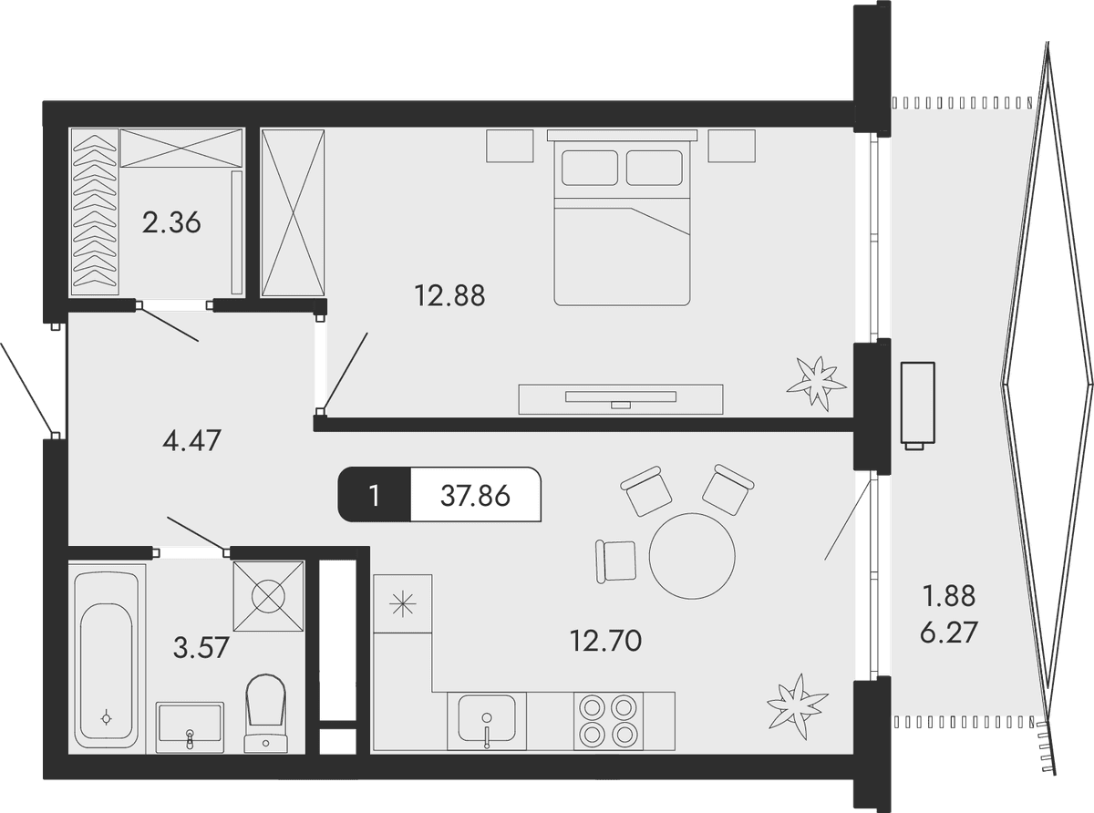 1-к, 37.86 м² · Парковая Резиденция