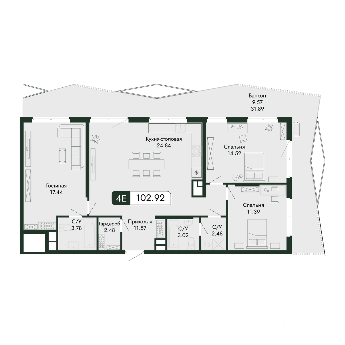 4-к, 102.92 м² · Парковая Резиденция