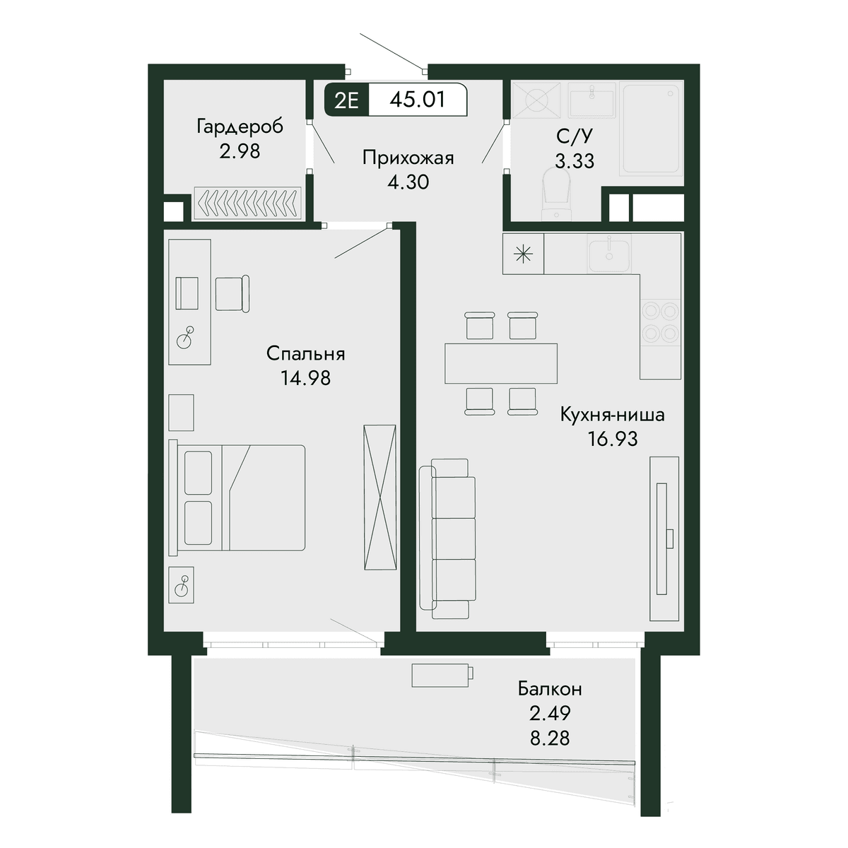 2-к, 45.01 м² · Парковая Резиденция