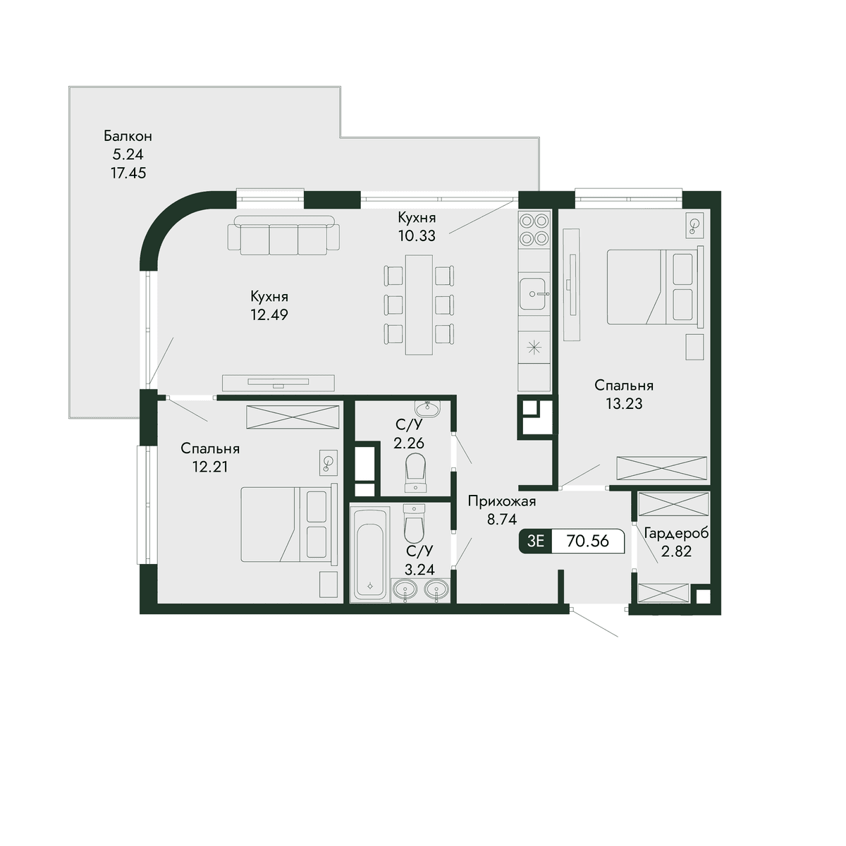 3-к, 70.56 м² · Парковая Резиденция