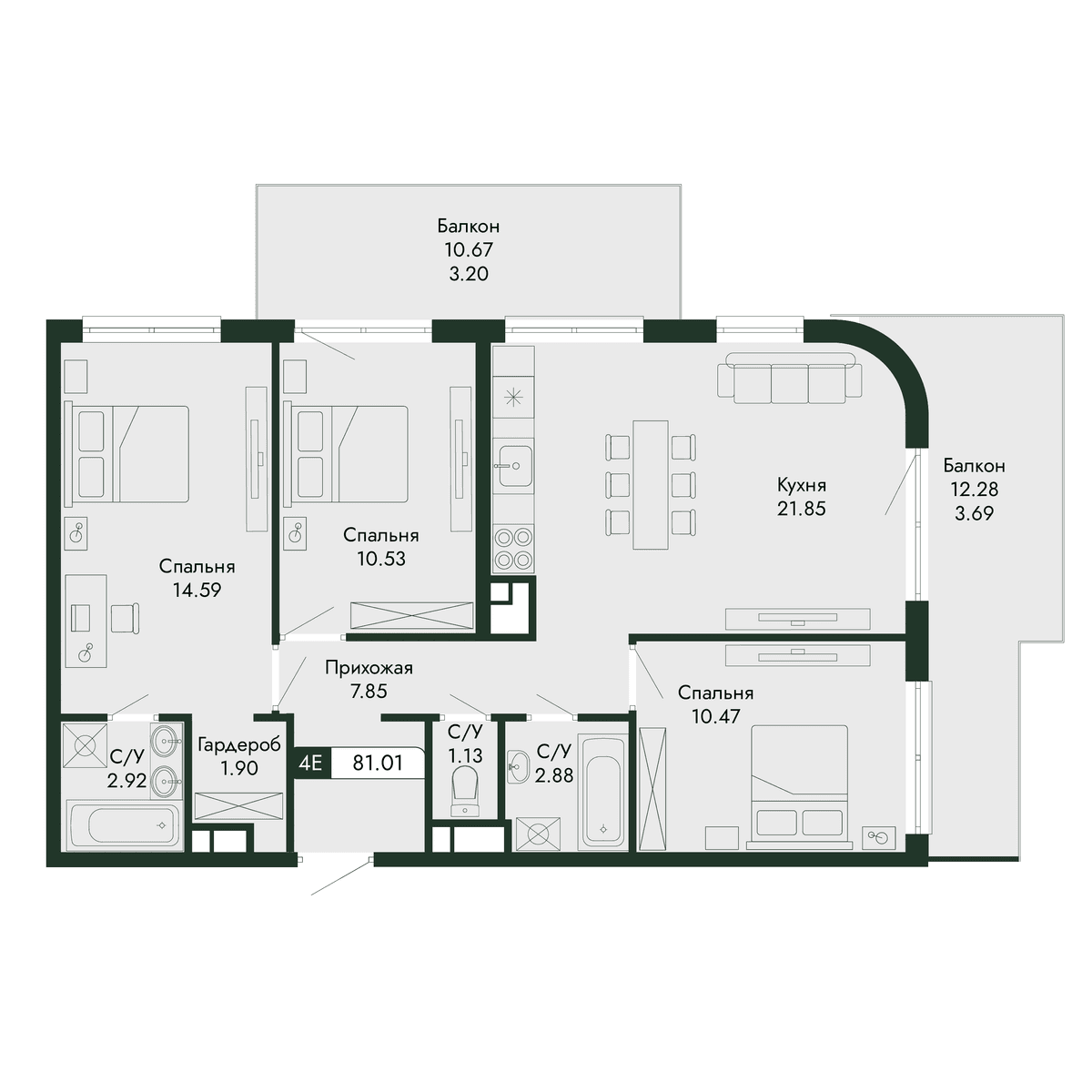 4-к, 81.01 м² · Парковая Резиденция