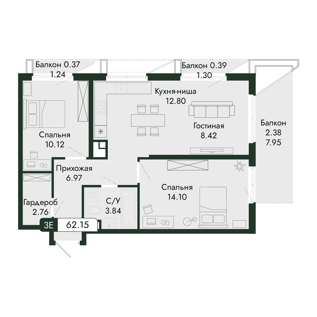 3-к, 62.15 м² · Парковая Резиденция