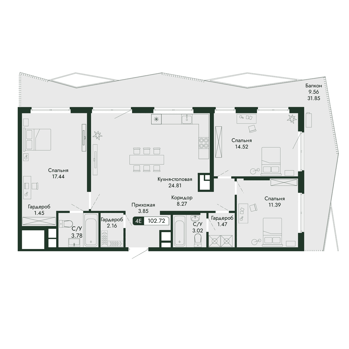 4-к, 102.72 м² · Парковая Резиденция