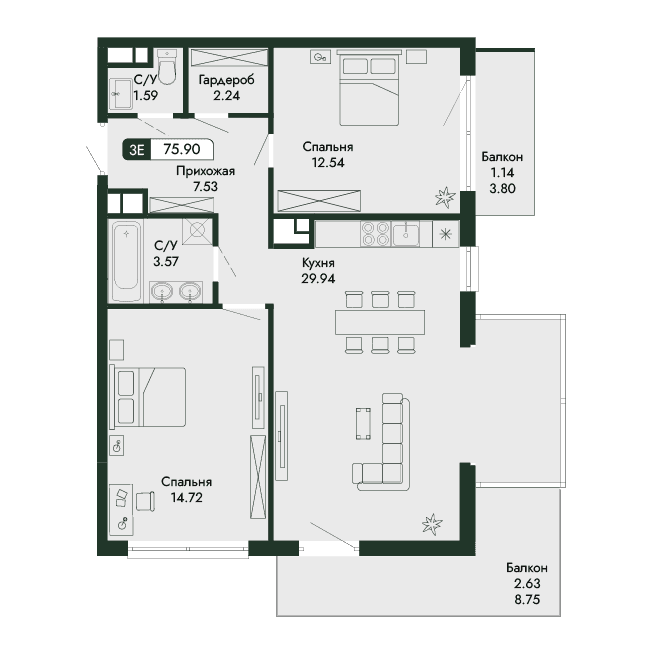 3-к, 75.9 м² · Парковая Резиденция