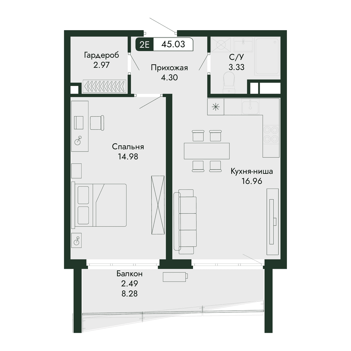 2-к, 45.03 м² · Парковая Резиденция