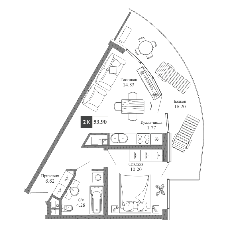 2-к, 53.9 м² · Крымская Резиденция