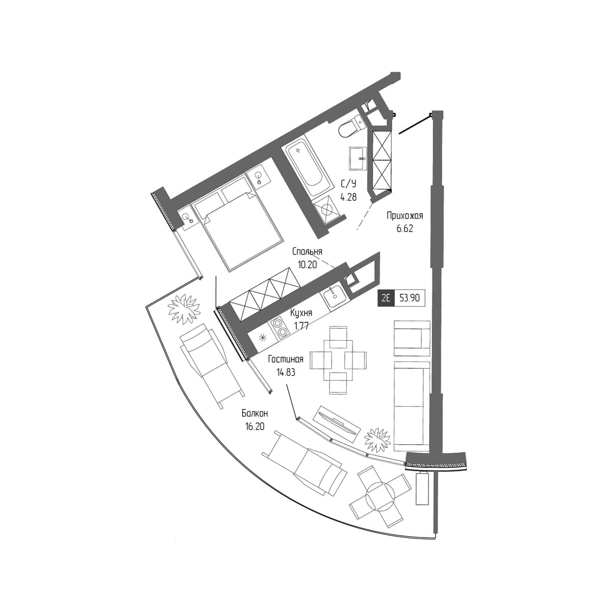 2-к, 53.9 м² · Крымская Резиденция
