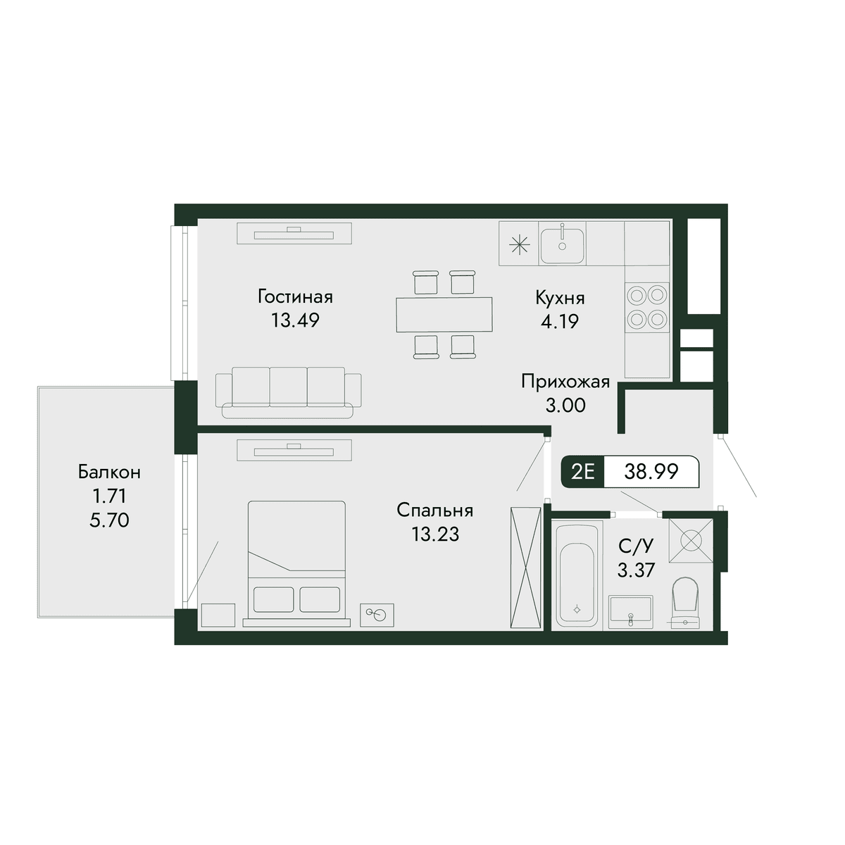 2-к, 38.99 м² · Парковая Резиденция