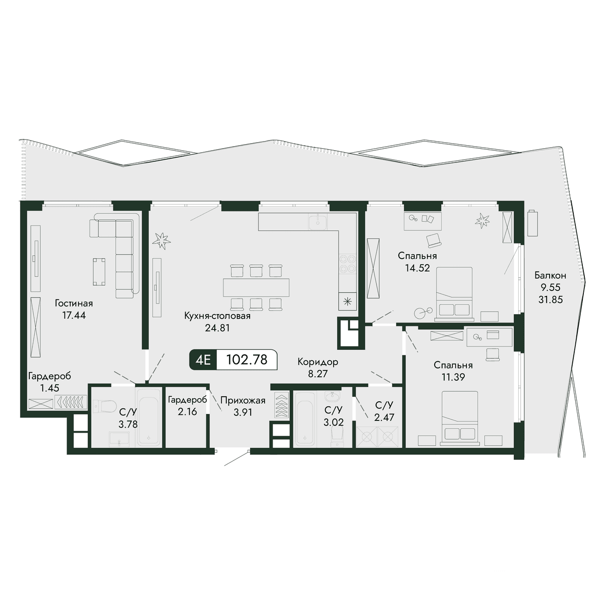 4-к, 102.78 м² · Парковая Резиденция