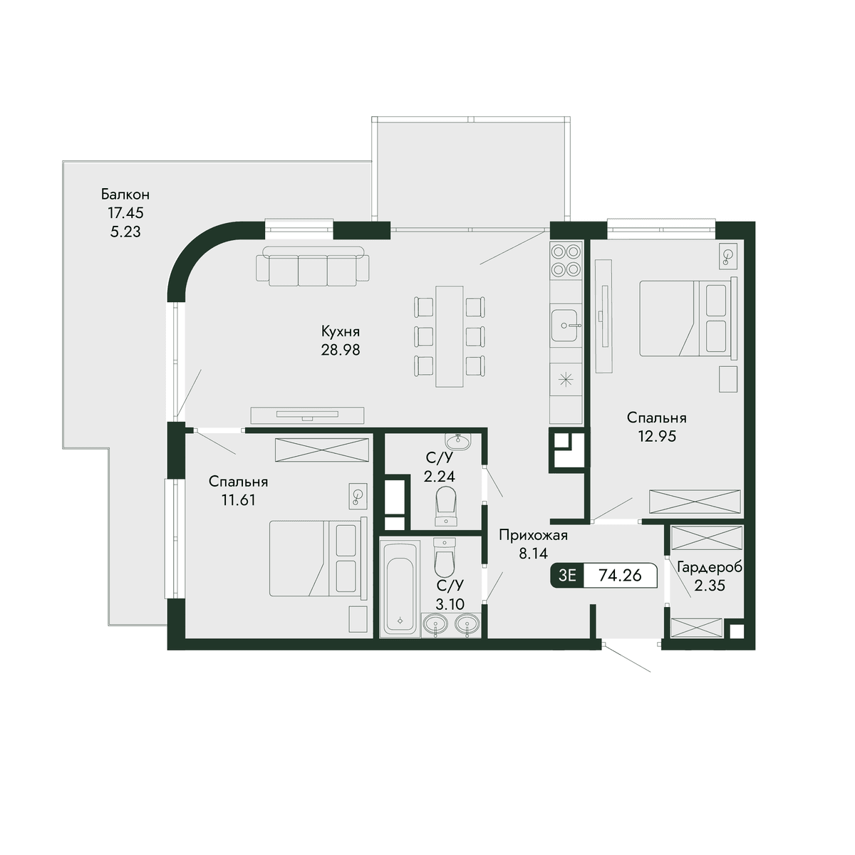 3-к, 74.26 м² · Парковая Резиденция