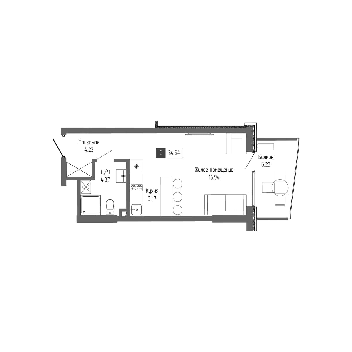 1-к, 34.94 м² · Крымская Резиденция