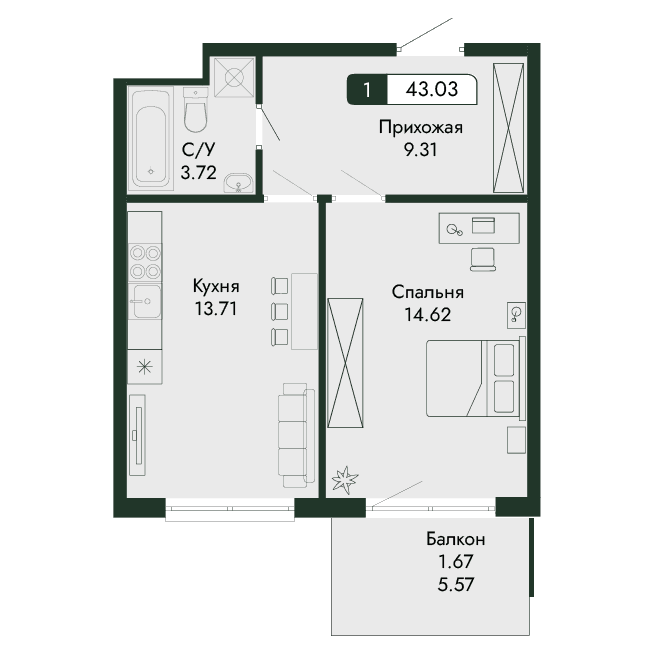 2-к, 43.03 м² · Парковая Резиденция