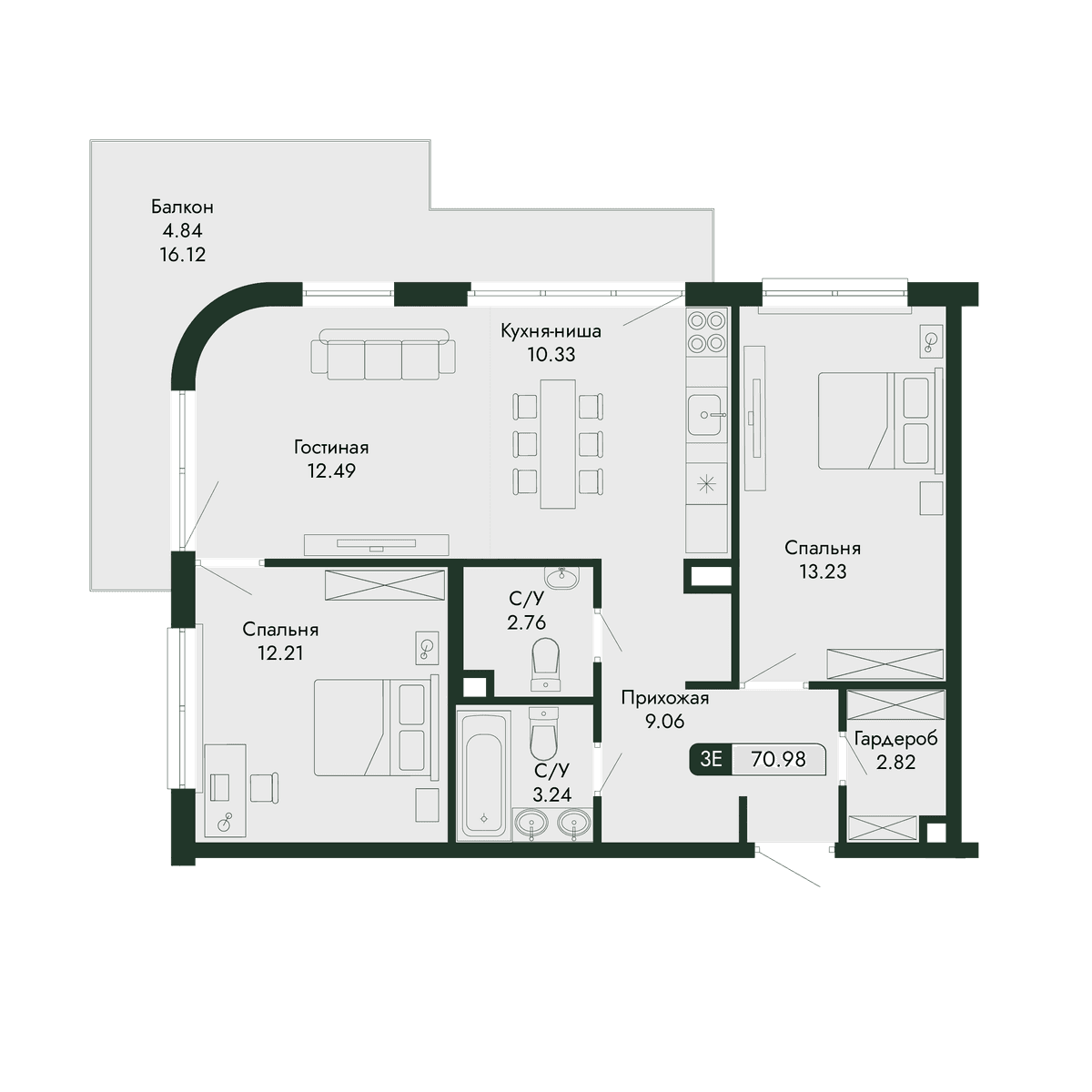 3-к, 70.98 м² · Парковая Резиденция