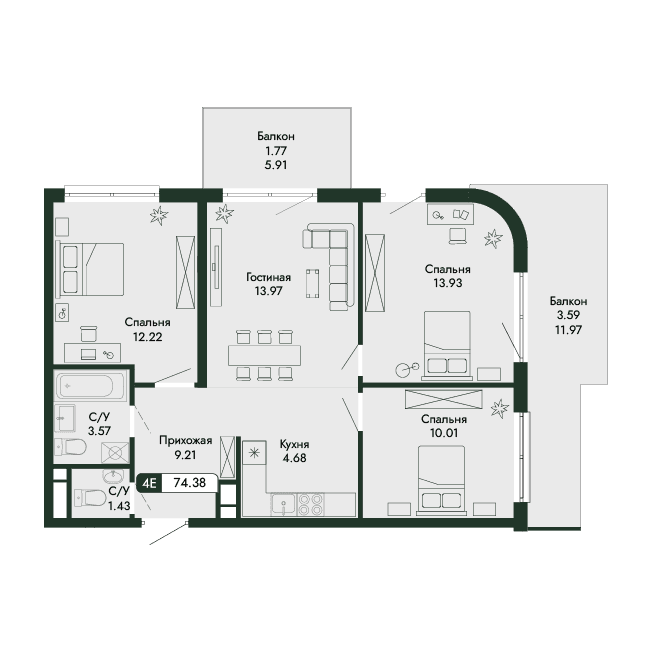 4-к, 74.38 м² · Парковая Резиденция